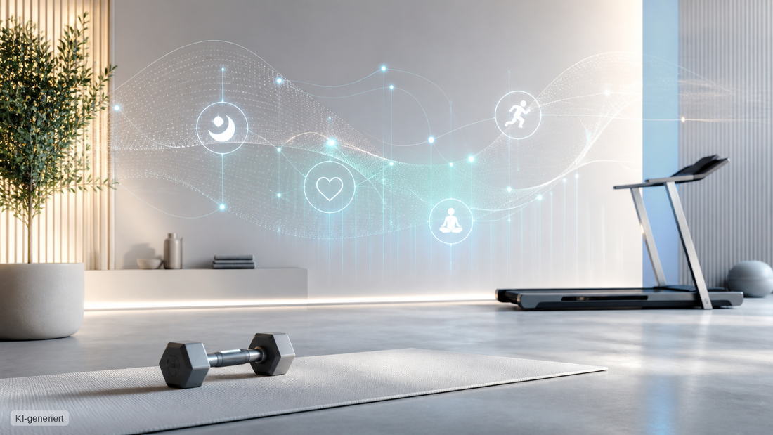 Modernes Health-Tech-Motiv mit Trainingsausrüstung und abstrakter Datenvisualisierung für smarte KI-Trainingssteuerung.
