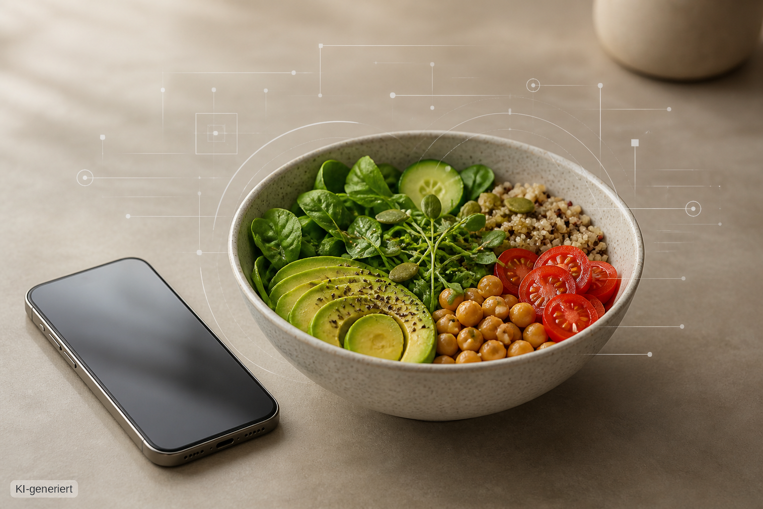 Smartphone neben einer gesunden Bowl als Symbol für KI-gestütztes Meal-Tracking per Fotoanalyse.