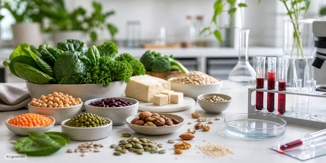Pflanzliche Lebensmittel neben Laborelementen als Symbol für vegane Ernährung und Blutwerte.