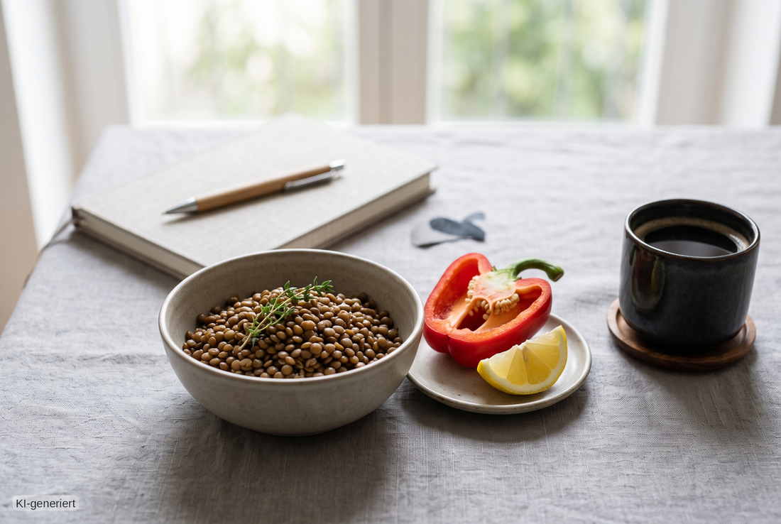 Redaktionelles Stillleben mit Linsen, Vitamin-C-reichem Gemüse und einer separaten Kaffeetasse als Symbol für Eisenaufnahme und Mahlzeiten-Timing.