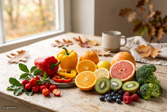 Vitamin-C-reiche Lebensmittel wie Paprika, Kiwi, Zitrusfrüchte und Beeren in herbstlicher Küchenatmosphäre.