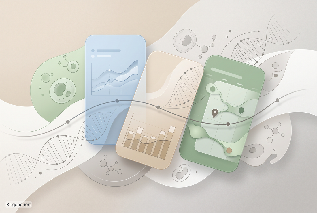 Abstrakte Gesundheitsdaten-Visualisierung mit App-Dashboard, Verlaufslinien und biologischen Elementen zum Thema Symptome tracken und Blutwerte einordnen.