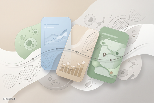 Abstrakte Gesundheitsdaten-Visualisierung mit App-Dashboard, Verlaufslinien und biologischen Elementen zum Thema Symptome tracken und Blutwerte einordnen.
