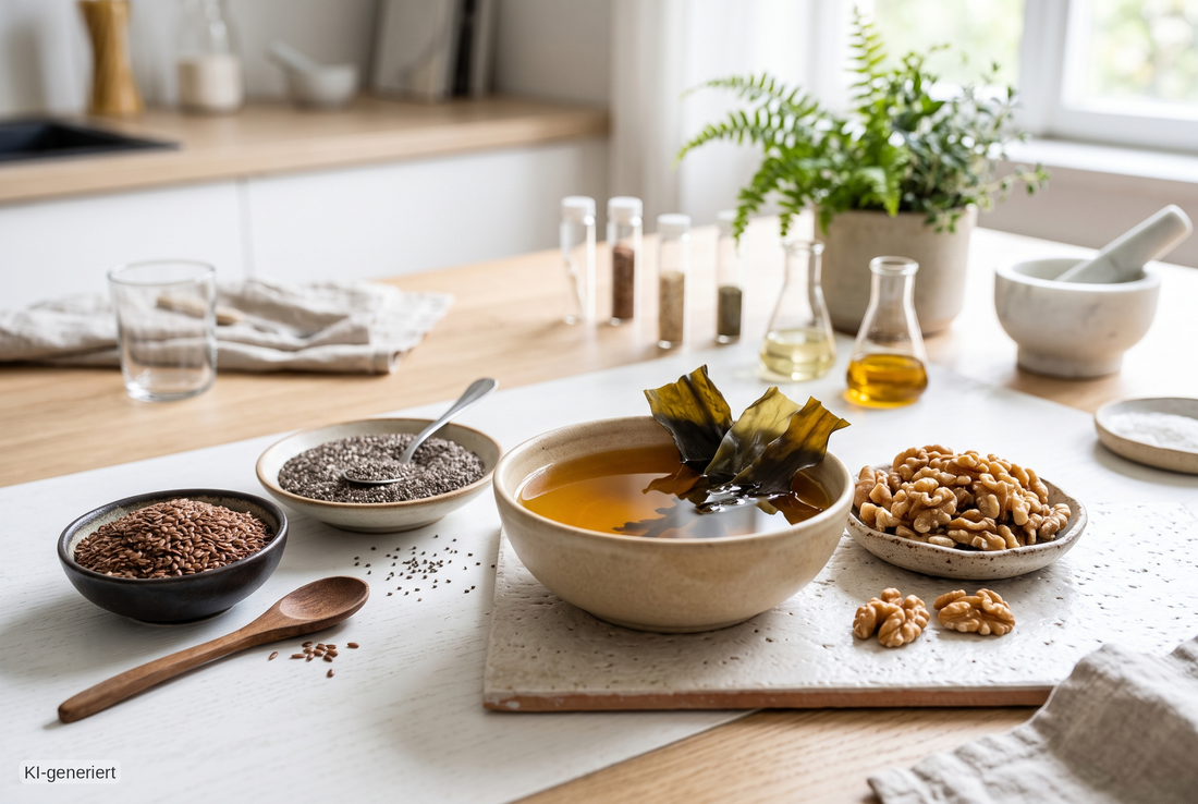 Textfreies redaktionelles Motiv mit Leinsamen, Chiasamen, Walnüssen und Algenöl als Symbol für veganes Omega 3.