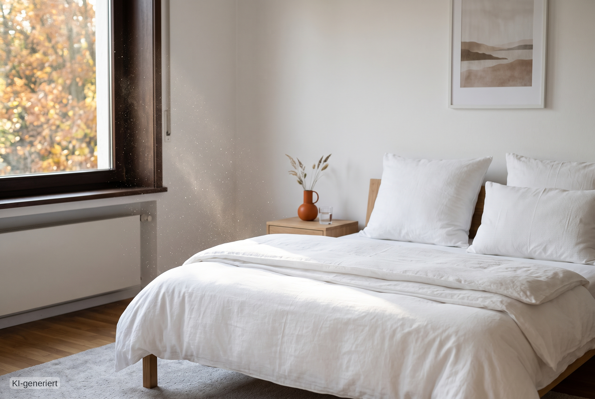 Modernes Schlafzimmer im Herbstlicht als Symbol für Hausstaubmilbenallergie-Symptome in Innenräumen.