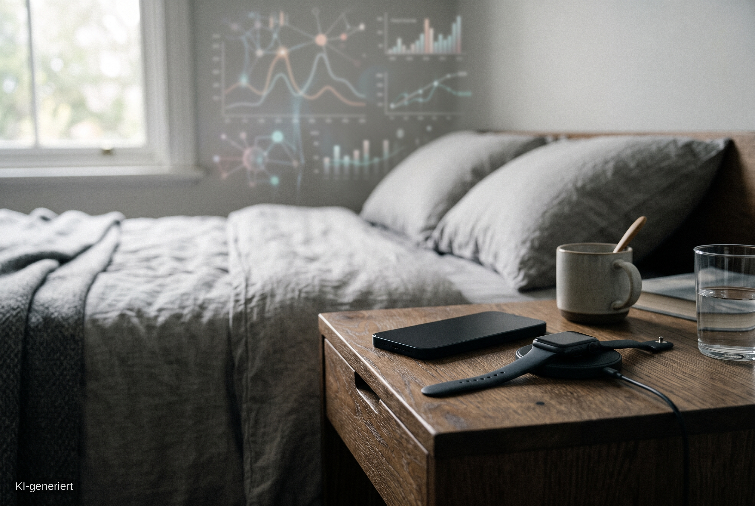 Seriöses redaktionelles Bild zu Schlaf, Recovery-Tracking und Männergesundheit mit Wearable-Symbolik im Morgenlicht.