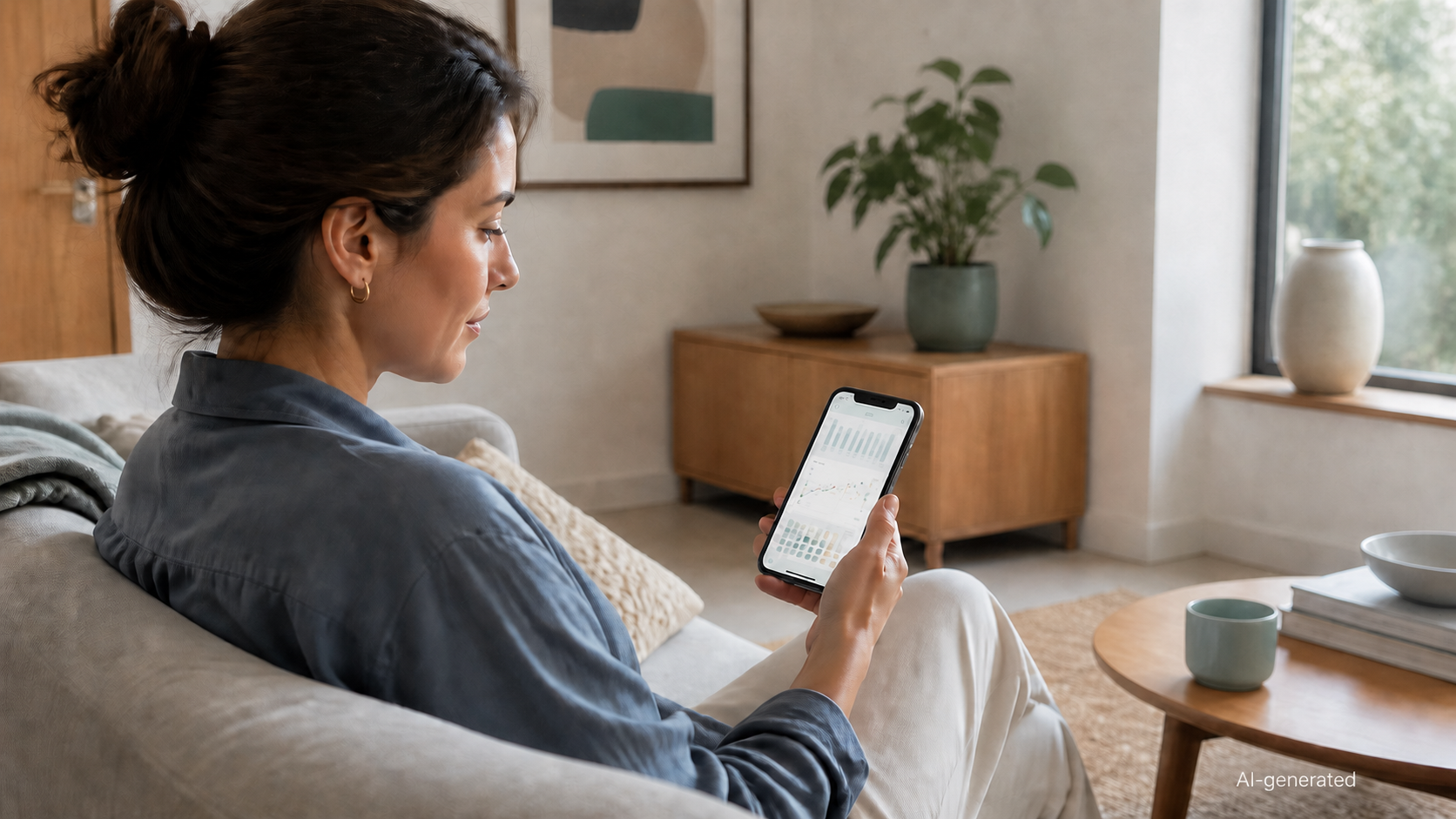 Person betrachtet einen abstrakten digitalen Gesundheitsbericht auf einem Smartphone; Hinweis „AI-generated“ unten rechts.