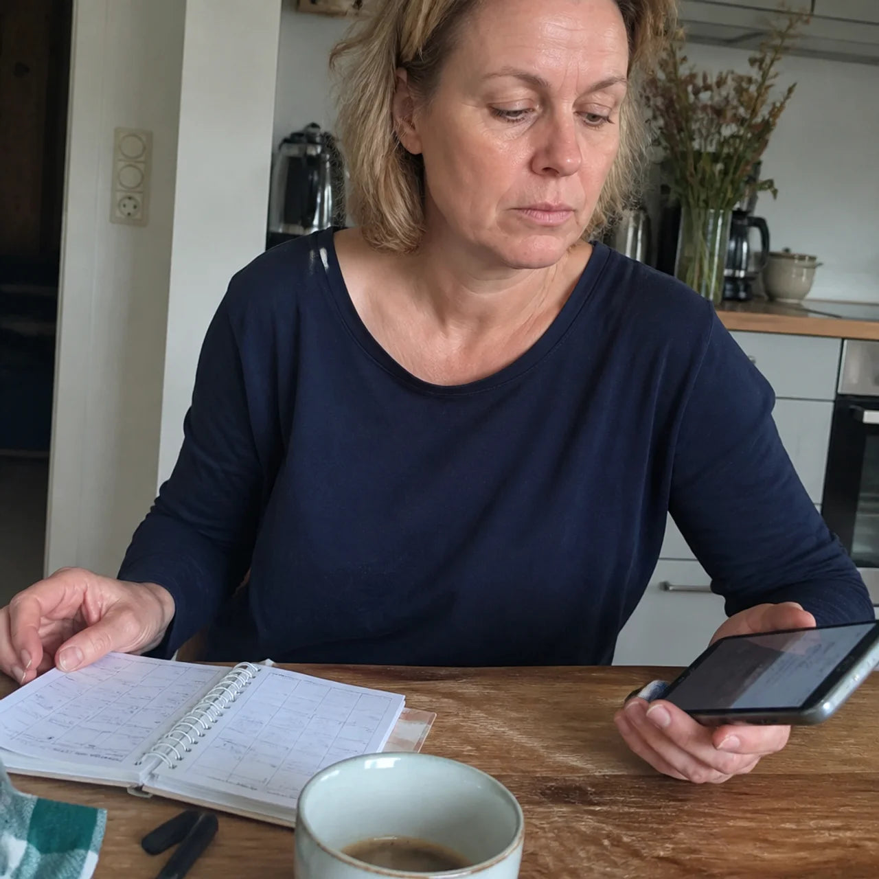 Frau vergleicht Kalender und Zyklusübersicht auf ihrem Smartphone