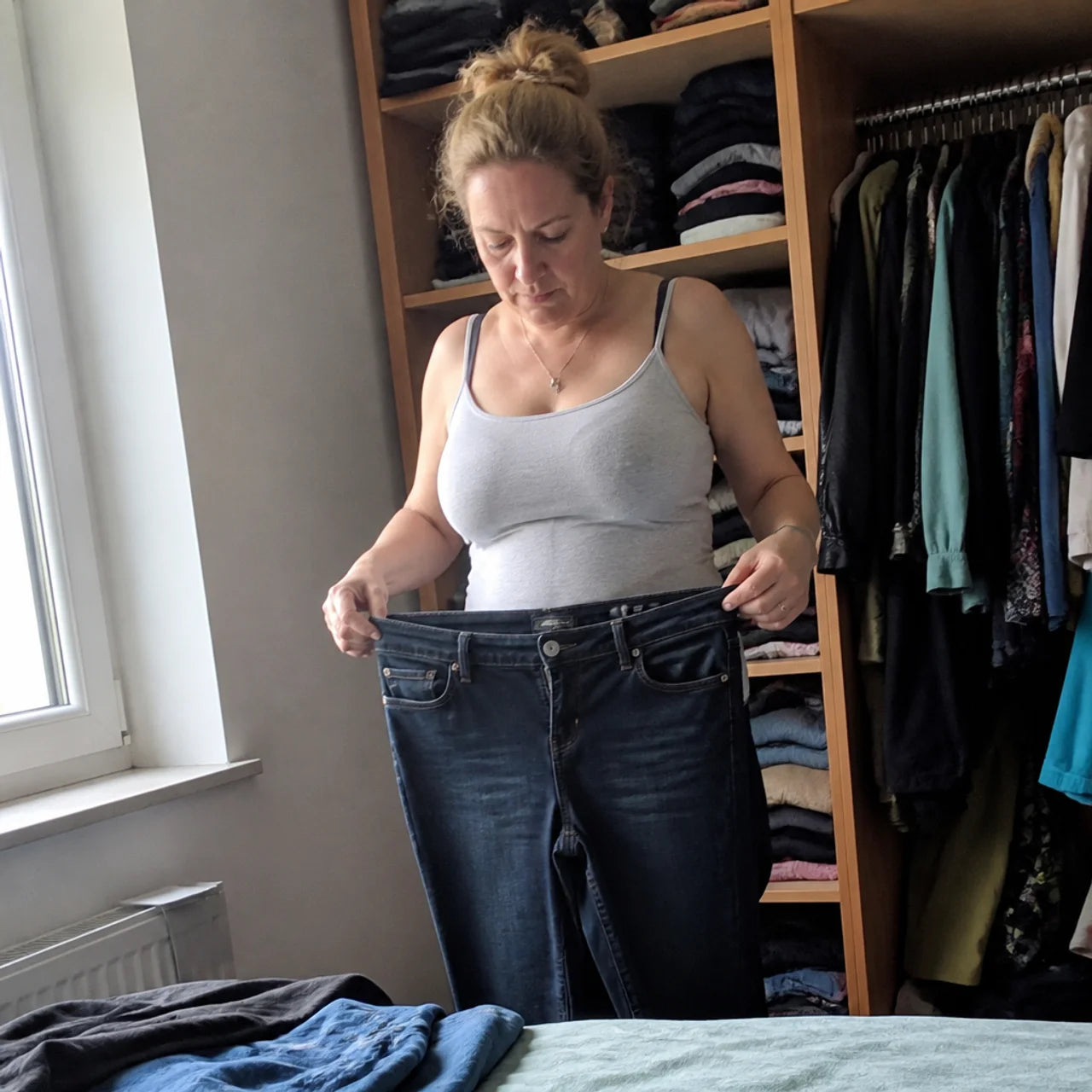 Frau betrachtet eine Jeans und ihr verändertes Körpergefühl