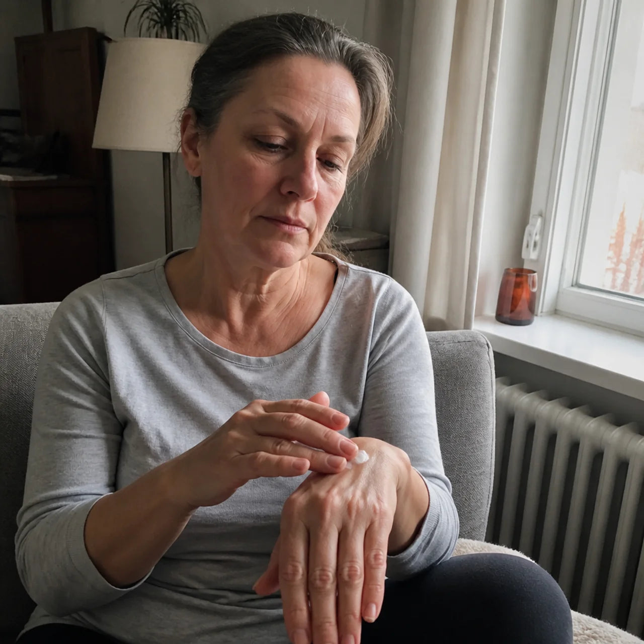 Frau pflegt trockene Haut an ihren Händen